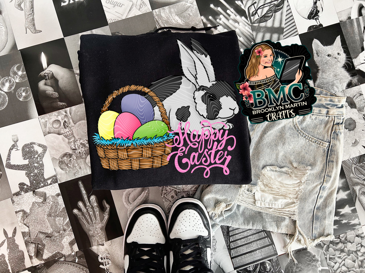 Happy Easter (Grey & white bunny) T-SHIRT & HOODIE